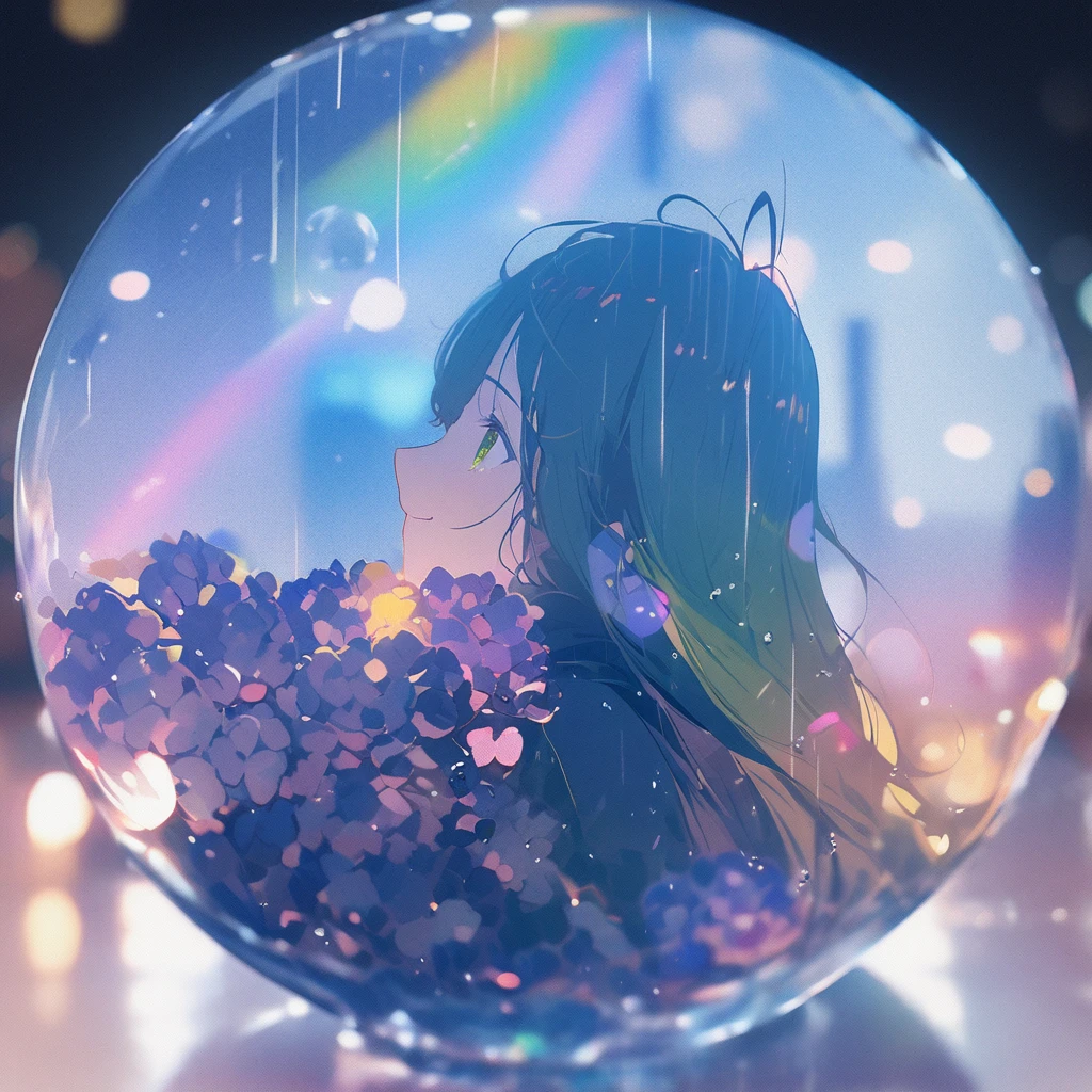 (masterpiece, photo_real, octane-render):1.4, (blue_theme, background rain scene, Tokyo_station), ice_photography, double exposure prism), (sharp sketch,watercolor painting,aesthetic art, pale tone):1.2, portrait of a girl's ennui face, SIGMA 24 mm F/1.4 ice camera photography, double exposure prism, Strobe ripple effect blur, BREAK, 1 girl, right front leg Cat_punch:1.21, (detailed green eyes, jet-black hair,colored inner green ombre hair multicolored hair,antenna hair):1.21, pompous pose:1.33, (ennui, smile, emphasis of facial expressions), in rain coat, 1girl, looking up, put the hands up, black_hair, closed_eyes, serene_smile, long_hair, (hydrangea silhouette in Water droplets), bokeh, kaleidoscope, bubbles, rain, shadow, serene, peaceful, lyrics, song, theme: dreams, theme: illusions, (desaturated colors:1.2),
in the style of watercolor painting with simple lines, flat colors, hold Fluorite Water droplets, minimalist,
The image features a single black-haired girl. She has long hair and is closing her eyes with a serene smile. Surrounding her are dreamlike elements like hydrangeas, bokeh lights resembling bubbles, kaleidoscope patterns bubbles, rain, and shadows. The overall atmosphere is peaceful and serene with slightly desaturated colors, reflecting the song's message of finding peace by ignoring others' judgments and living at your own pace. subjective_perspective, light-shadow_symmetry, ethereal_lighting, shadows, ray_tracing, (bokeh, round_bokeh, back_lighting):1.21,