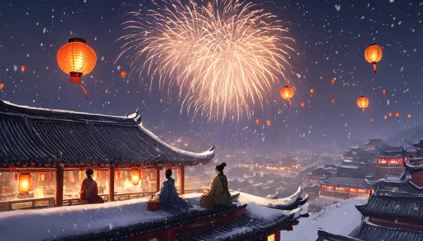 Ancient china city, lantern festival night, firework in the sky, roofs looming in snow, snow falling, one man and one woman wearing Hanfu sitting on the roof watching fireworks, no third person, only two people