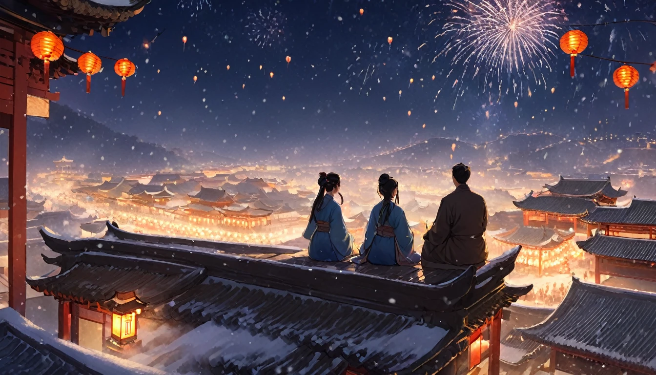 Ancient china city, lantern festival night, firework in the sky, roofs looming in snow, snow falling, one man and one woman wearing Hanfu sitting on the roof watching fireworks, no third person, only two people