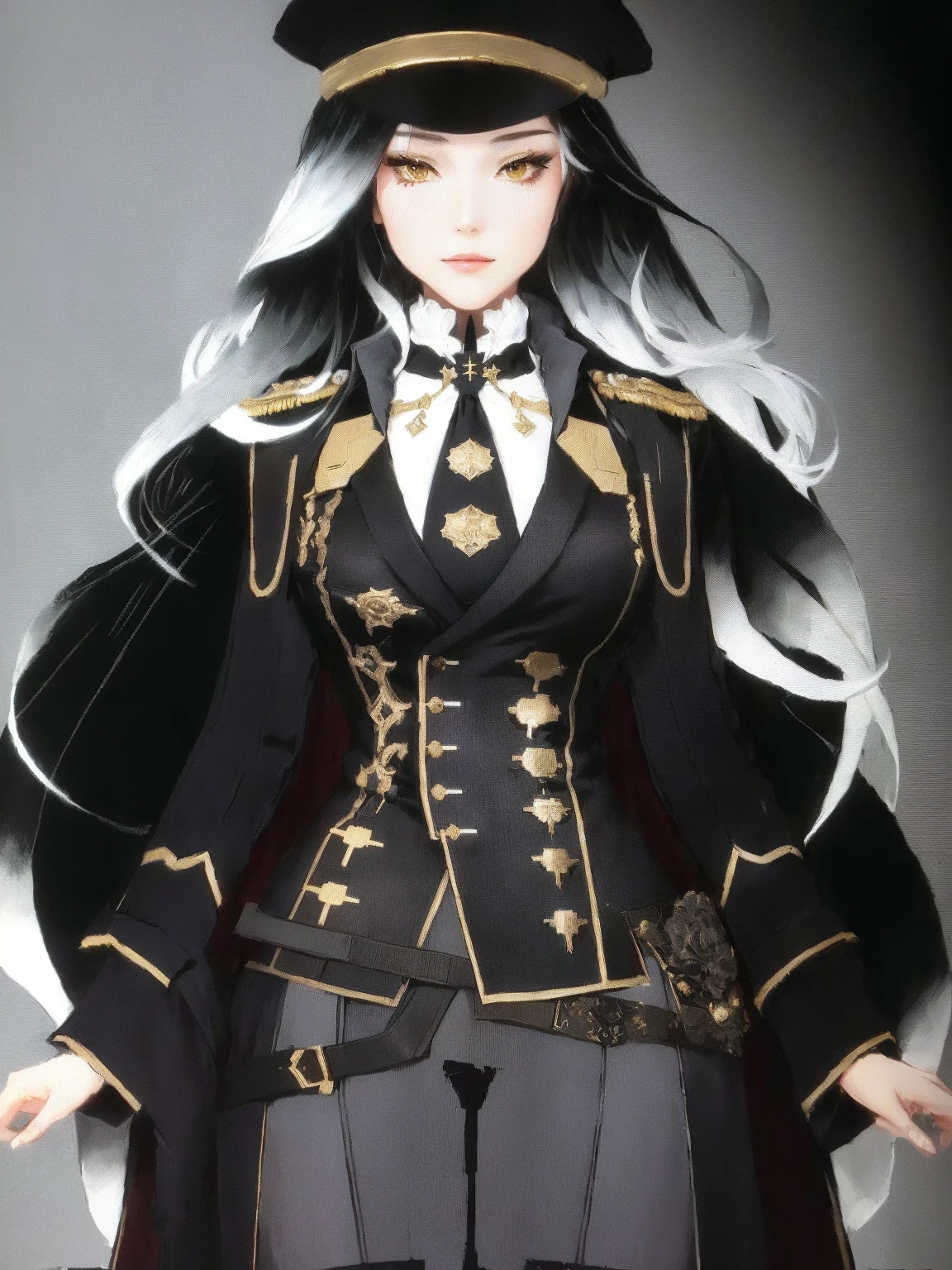 there is a picture of a woman in a costume on a screen, girls frontline style, from girls frontline, very detailed and rich clothing, ((wearing aristocrat robe)), !!full body portrait!!, highly detailed full body, royal attire akira, full body adoptable, full body xianxia, inspired by Li Chevalier, beautiful androgynous prince, a millitary general with black and white hair, a red and green clockwork eyes. She has a millitary designed outfit with a military suit and a tie, military badges, and a military hat