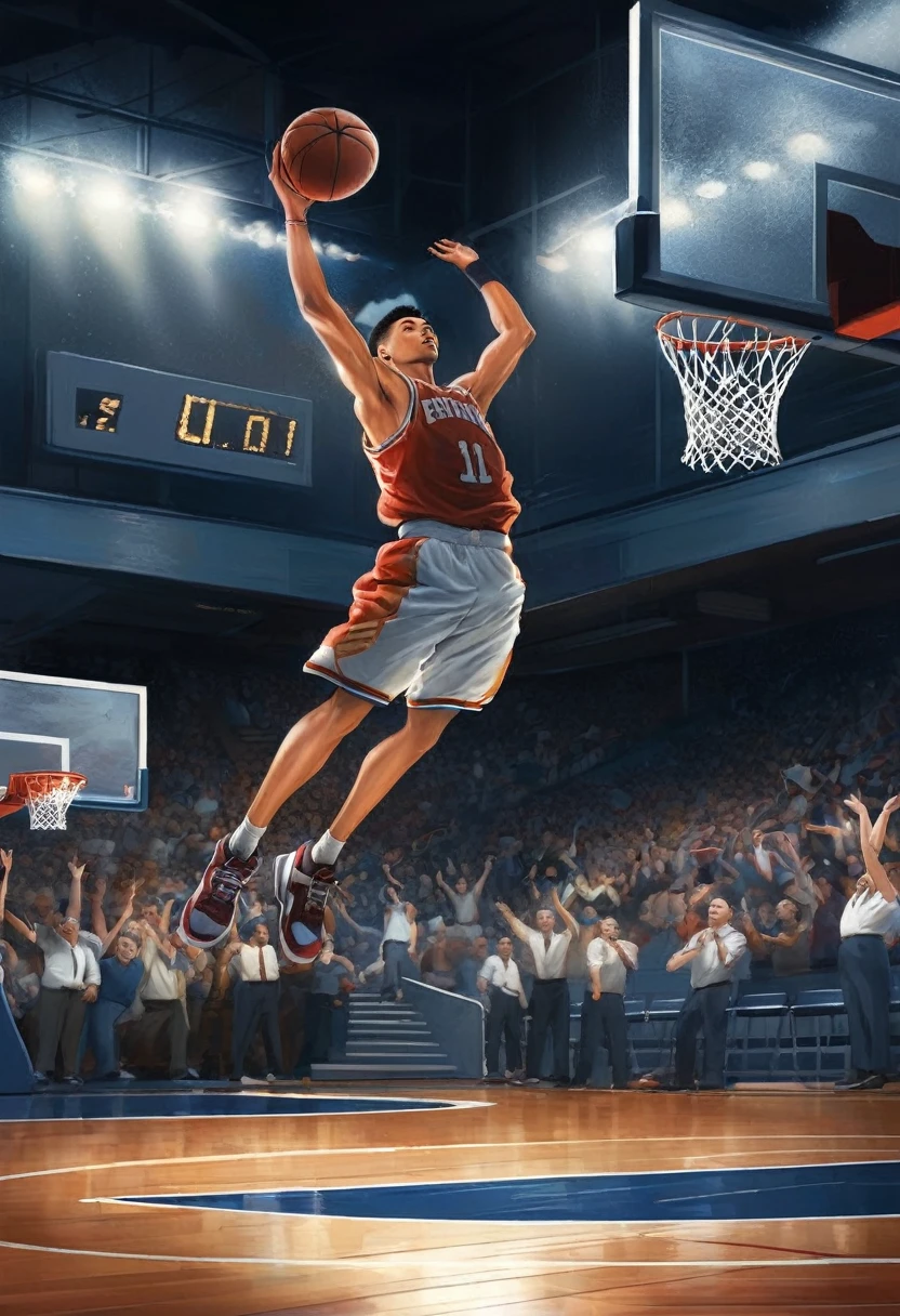 painting of a basketball player jumping in the air to dunk a ball, scence of slam dunk, slam dunk, dunking, rob rey and kentaro miura style, inspired by Ernie Barnes, kenton nelson, posterized, basketball sneaker concept art, digital painting highly detailed, norman rockwell ross tran, warriors fan art, stylized digital illustration, basketball, by Ernie Barnes