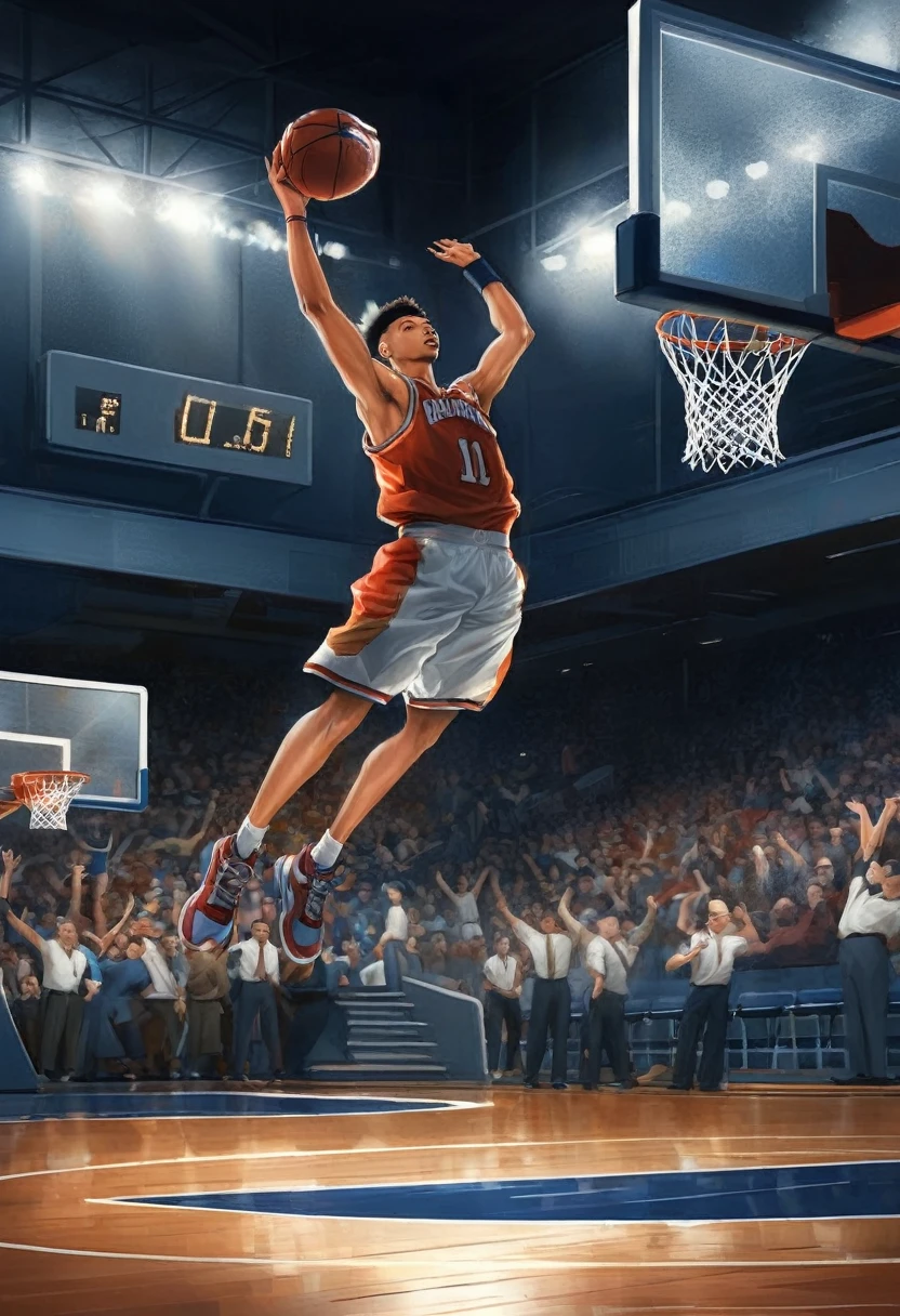 painting of a basketball player jumping in the air to dunk a ball, scence of slam dunk, slam dunk, dunking, rob rey and kentaro miura style, inspired by Ernie Barnes, kenton nelson, posterized, basketball sneaker concept art, digital painting highly detailed, norman rockwell ross tran, warriors fan art, stylized digital illustration, basketball, by Ernie Barnes