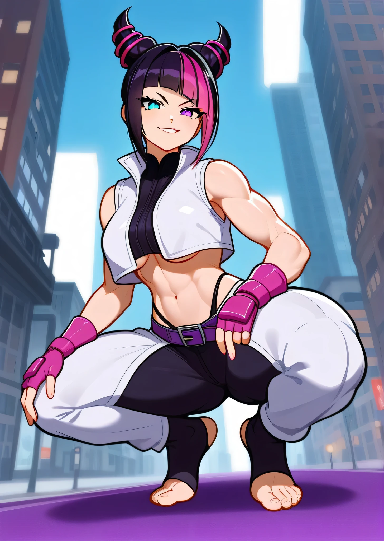 [juri], [SFVI], [street fighter 6], ((masterpiece)), ((HD)), ((high res)), ((solo portrait)), ((full body)), ((low angle view)), ((feet visible)), ((anime)), ((detailed shading)), ((intricate details)), ((cinematic lighting)), {(beautiful woman), (short black hair), (two-toned hair), (pink highlights in hair), [hair horns], (cute purple eye), (cute cyan eye), (heterochromia), (short eyelashes), (small boobs), (defined muscles), (curvy hips), (beautiful legs), (beautiful feet), (beautiful lips), (smug grin)}, {(white vest), (white sleeveless jacket), (underboob), (navel), (purple belt), (white baggy pants), (thighs visible), (black panties visible), (purple fingerless gloves), (black toeless socks)}, {(squatting), (looking at viewer)}, [ambient lighting, city, moonlight]