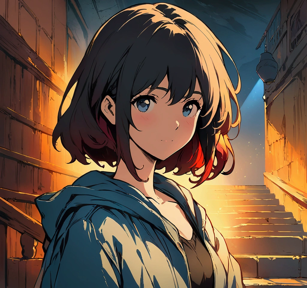 Portrait of a woman painting in a studio with stairs., artwork in the style of Gouvice, Gouvice, Studio Globli Makoto Shinkai, digital art on pixiv, art cover, Makoto Shinkai art style, concept art illustration, Gouvice on artstation pixiv, Gouvice masterpiece