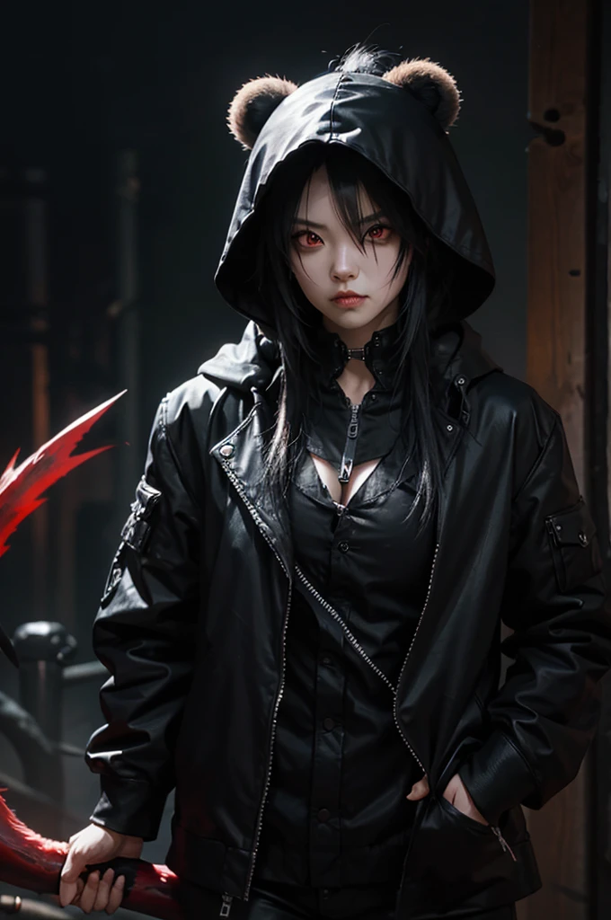 dark panda , muscled body, angry, Sharp teeth and claws, red eyes coming out lightning, dark aspects, grim reaper, high qualiy, horror details