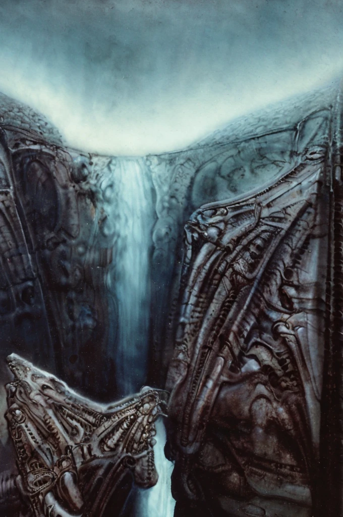 xgiger, The image is a detailed view of H.R. Giger's biomechanical tableau \" island of dead\" plate, featuring
a fantastical cityscape with a large bridge spanning across a canyon. The architecture is intricate and appears to be made of a dark in the transit space aside the cascade of fallen water, appears to be a fusion of organic and mechanical elements, with a focus on the interplay between the two.The piece is a tableau, most likely created with a India ink pen or pencil on paper, determined by the thin lines, shading techniques, and the texture of the paper, which is visible around the edges.
Used is pen, given the shading and variations in line weight visible in the image. Artist have used a variety of stylus with different degrees of hardness to achieve the shading effects.
 The use of undersaturated green-grays dark contrasts creates a stark and graphic look. Is used a variety of linework techniques to create different textures. Fine, parallel lines create a smooth, metallic texture,while thicker, more cursive lines suggest cables or wires.
Light source from the top highlights skeletals, pper part of foreground, lower part of image is in shadowupper part of foreground, lower part of image is in shadow.
The art performance showcases the artist’s skills in observation and rendering. The level of detail in the piece suggests a close study of real bone specimens and mechanics. The artist has skillfully used shading techniques to create a convincing illusion of three-dimensionality on a flat surface. The wrinkles and cracks in the surface, and the cast shadows with accuracy, used shading techniques to create a realistic depiction of light and shadow on the objects. This creates a sense of depth and dimension in the image. The artist has used careful linework to depict the contours and textures in the piece
Sharp focus on foreground elements illustration. Deep and delicate DOF. Big painting. Stored in Louvre masterpiece, ooze soaked pajama top
