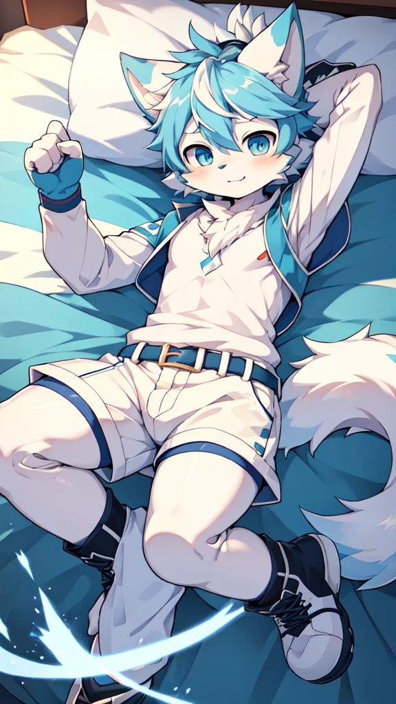 Blue hair，White hair，Blue dragon tail，The end of the tail has white fuzz，hairy，God of Art Super Top Quality, Super detailed, High resolution, Anime cute art style, The best anime, 8k, Kona sauce wallpaper, Pixiv Contest Winners, Perfect anatomical structure, , (Energetic teenager, 13 years old:1.3), High resolution详细的头发，Iris and pupil are well proportioned，Blue pupils，Blue ears，Single，Light blue coat，White shorts，White boots，On the bed