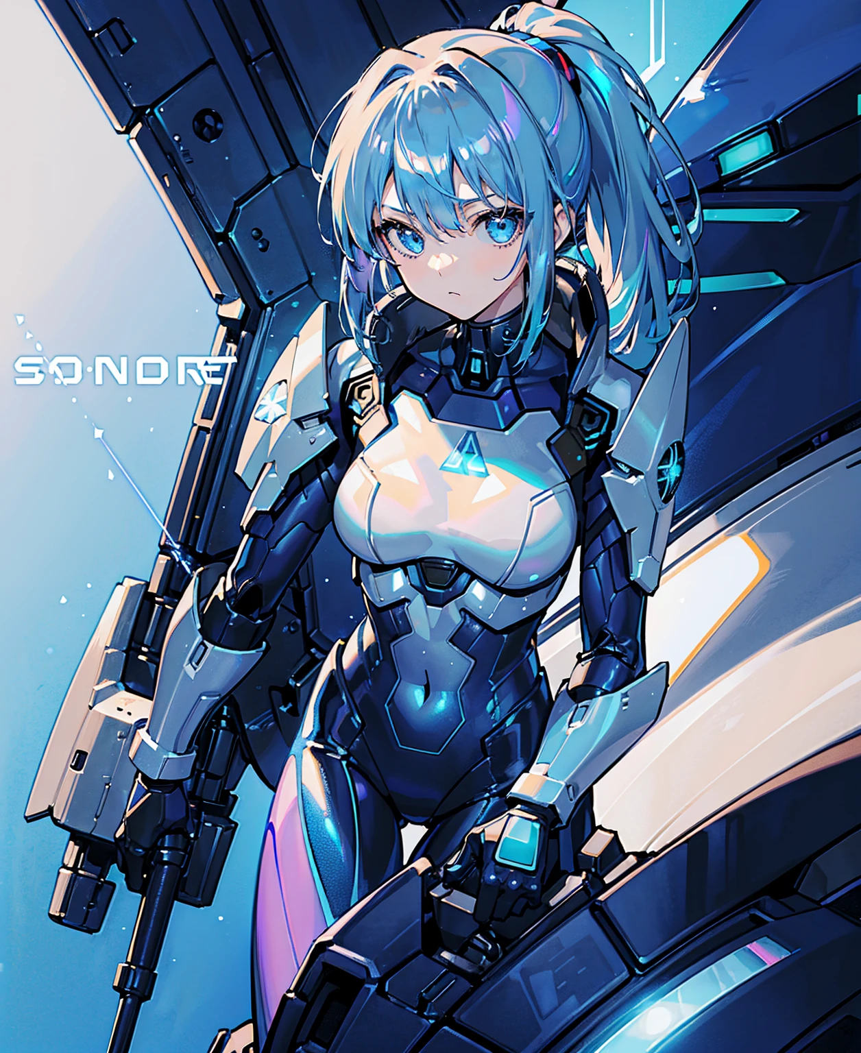 ((Holographic glow effect)),Blue Hair、Masterpiece、Best Quality、1 girl、Medium breast、((Album cover))、Light on Face、Slim Body、Blue Costume、Exoskeleton、metal Gear、Cyberpunk Style、ponytail、The Gundam pilot、attention arousal，Ride a fighter