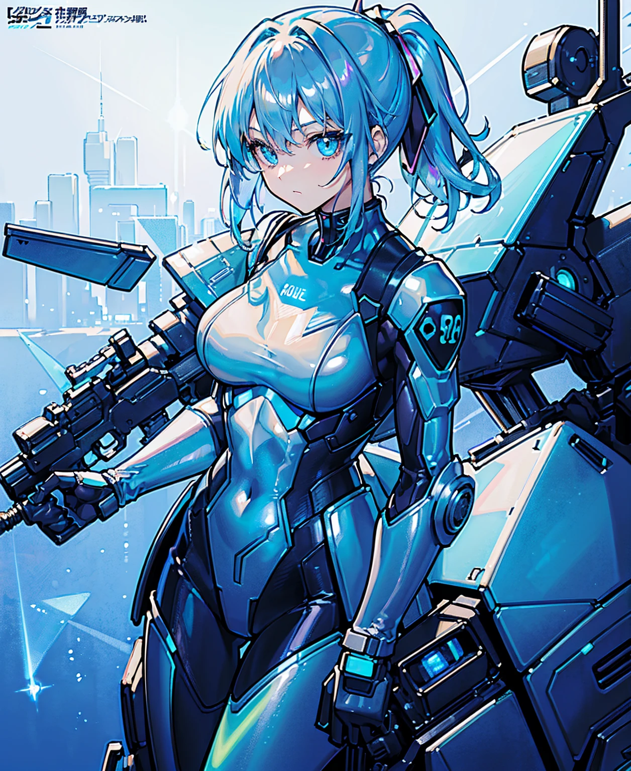 ((Holographic glow effect)),Blue Hair、Masterpiece、Best Quality、1 girl、Medium breast、((Album cover))、Light on Face、Slim Body、Blue Costume、Exoskeleton、metal Gear、Cyberpunk Style、ponytail、The Gundam pilot、attention arousal，Ride a fighter