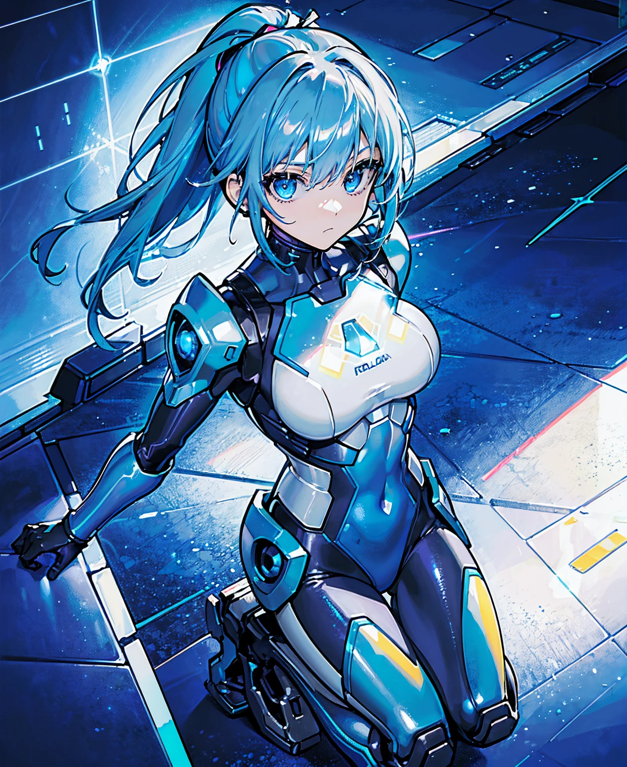 ((Holographic glow effect)),Blue Hair、Masterpiece、Best Quality、1 girl、Medium breast、((Album cover))、Light on Face、Slim Body、Blue Costume、Exoskeleton、metal Gear、Cyberpunk Style、ponytail、The Gundam pilot、attention arousal，Ride a fighter