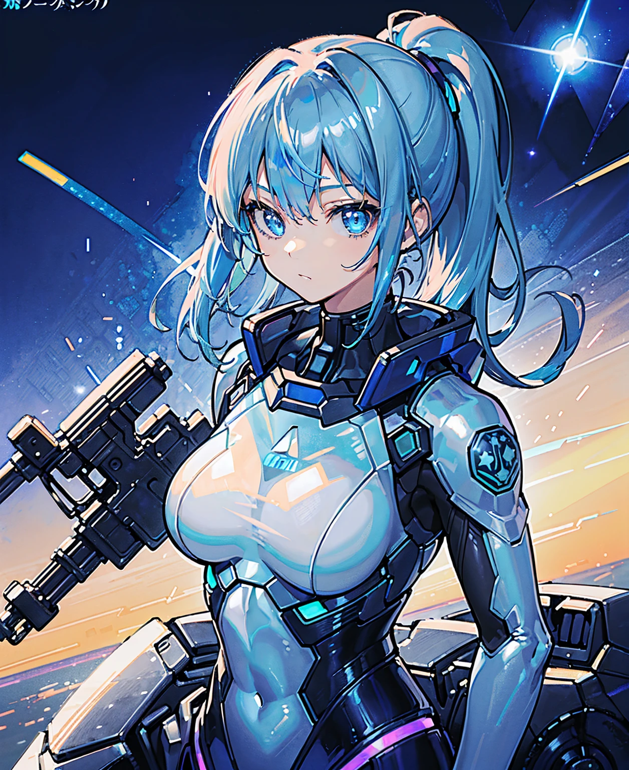((Holographic glow effect)),Blue Hair、Masterpiece、Best Quality、1 girl、Medium breast、((Album cover))、Light on Face、Slim Body、Blue Costume、Exoskeleton、metal Gear、Cyberpunk Style、ponytail、The Gundam pilot、attention arousal,Ride a fighter