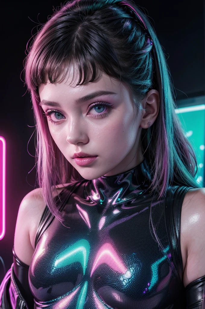 a close up of a woman with a neon top on, glowwave girl portrait, anna nikonova aka newmilky, neon lights in the background, bright cyberpunk glow, holographic neon highlights, neon cyberpunk highlights, iridescent neon, fashion neon light, neon lights in background, with neon lights, dreamy cyberpunk girl, holographic suit, iridescent aesthetic