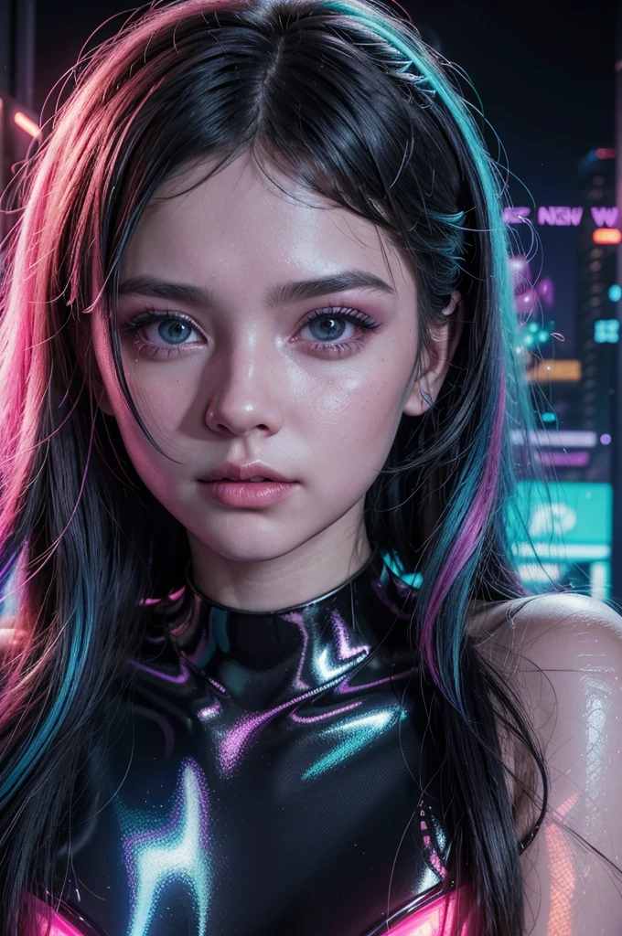 a close up of a woman with a neon top on, glowwave girl portrait, anna nikonova aka newmilky, neon lights in the background, bright cyberpunk glow, holographic neon highlights, neon cyberpunk highlights, iridescent neon, fashion neon light, neon lights in background, with neon lights, dreamy cyberpunk girl, holographic suit, iridescent aesthetic
