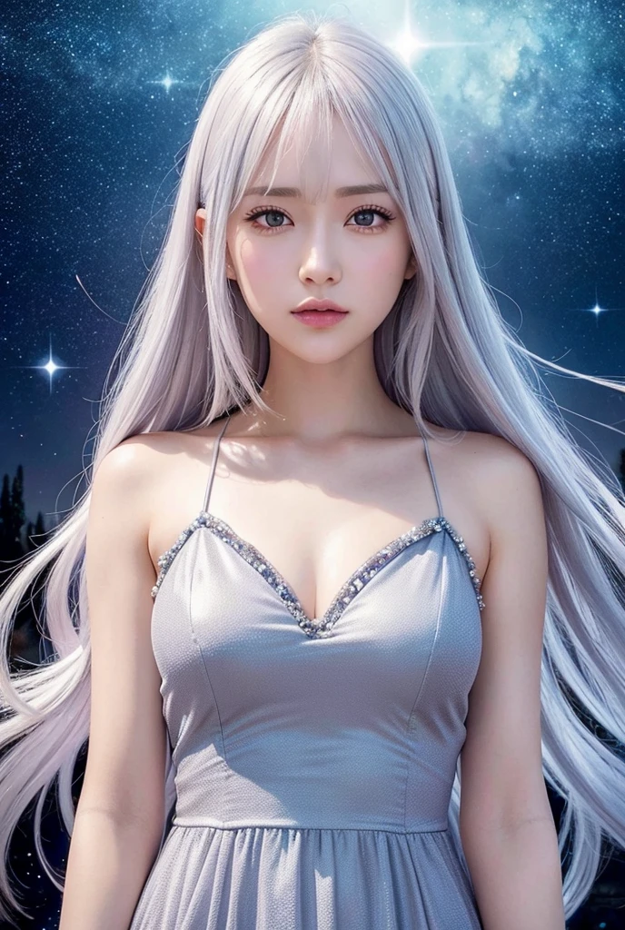 silver hair, crystal hair, Surrealism, anime, Hyperrealism, lens flare, 8k, super detail, UHD, masterpiece, accurate, anatomically correct, textured skin, super detail, high details, high quality, award winning, best quality, highres

**Theme**: Beginner girl

**Character Details**:
- **Hair Color**: Silver
- **Personality**: Quiet but curious
- **Clothing**: Cute dress

**Background**: Starry sky
