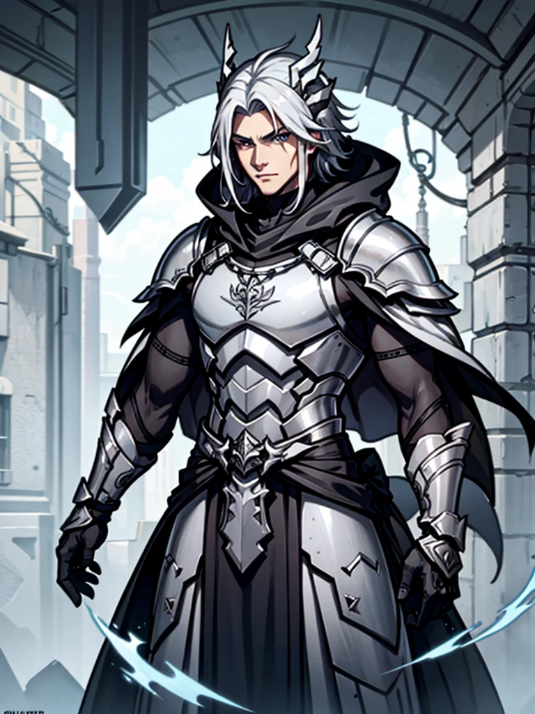 Male Warrior,Silver Armor,Silver hair,Silver Dragon Helmet,cloak,Standing,Handsome,HD