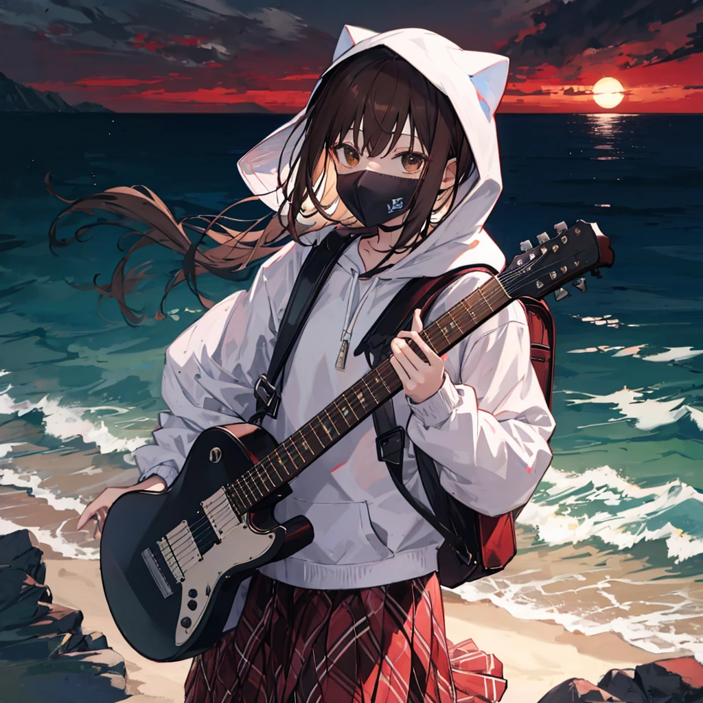 dusk,Brown hair girl,Wearing a white shirt and plaid skirt,The hood covered her face,She carries a backpack on one shoulder,A guitar on one shoulder,Facing the sea。