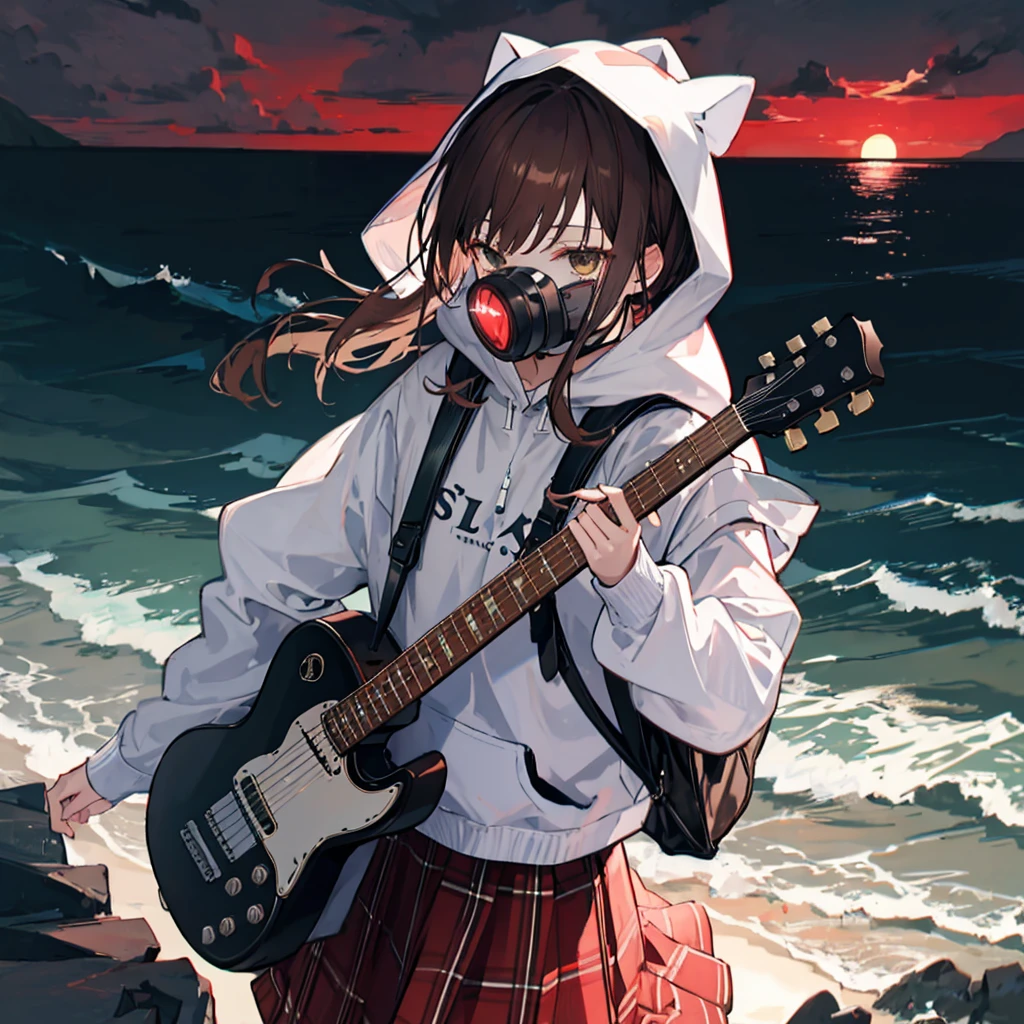 dusk，Brown hair girl，Wearing a white shirt and plaid skirt，The hood covered her face，She carries a backpack on one shoulder，A guitar on one shoulder，Facing the sea。