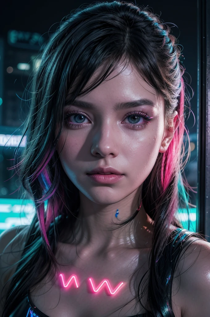 a close up of a woman with a neon top on, cyberpunk art inspired by Elsa Bleda, trending on pexels, holography, glowwave girl portrait, anna nikonova aka newmilky, neon lights in the background, bright cyberpunk glow, holographic neon highlights, neon cyberpunk highlights, iridescent neon, fashion neon light, neon lights in background