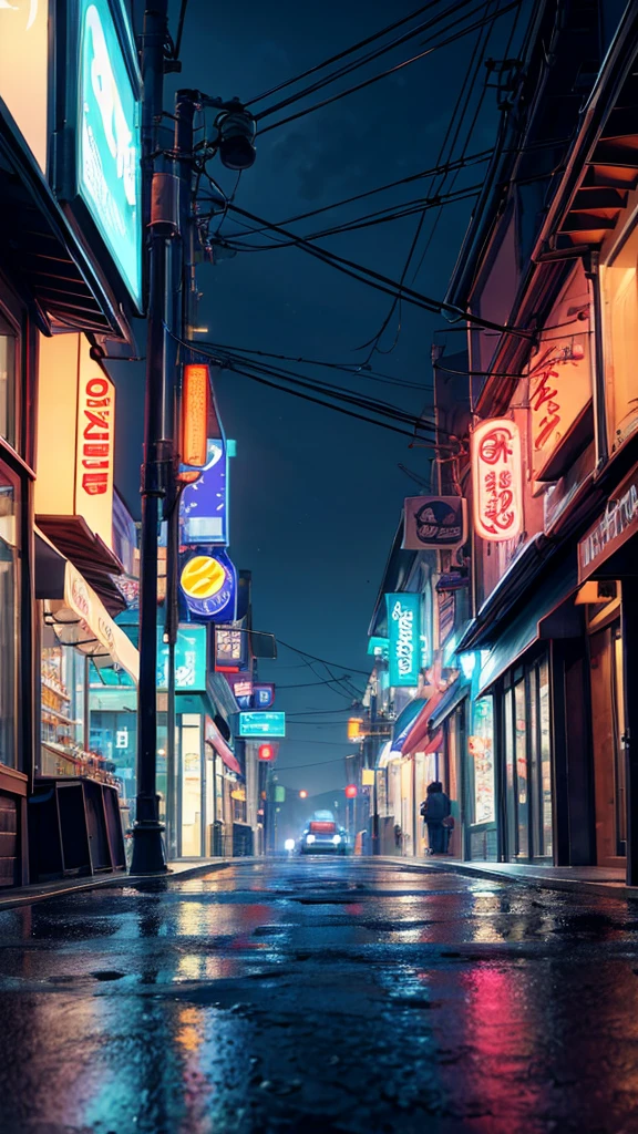 a cold drink shop in front of a wet road a pole beside the shop foggy environment at night time, camera view from distance, detailed shop, detailed shop mirror, detailed drinks, detailed wet road, detailed pole, detailed lights, best quality, highly detailed, masterpiece, 8k scene.