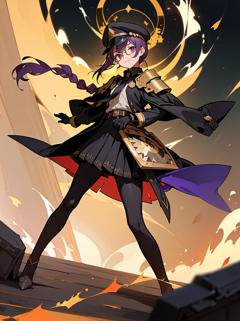 realisitic, City Deserted, Pile of rubble, Brick building, a one woman (18 years old, far away blackw hair, far away slits, Eyes red, glare eyes, 精致的面容, standing (In floor, feet shoulder-width apart), Lolita style military uniform (blackw base, Red Insert, golden decoration, volantes, wide sleeves, dainty and delicate detailing armors), blackw far away gloves (blackw, Red Insert, golden decoration, small hands, armors), blackw far away gloves, knee high boots (blackw, high-heels, red soles), ha (blackw, aba dourada, shield emblem, delicate details), arms in front, Front of belly, Holding military swords with both hands (blackw, golden decoration, delicate detail, Handle at the top, Ground-facing blade, in front of the body, far away), night sky (blackw, stele, Increased flames and smoke) Pale painting style, One Girl, super high quality, Super Detail, Super Detailed image, long hair, looking at viewer, skirt, shirt, hair ornament, violet eyes, gloves, round glasses, long sleeves, hat, closed mouth, jacket, violet hair, braid, open clothes, necktie, black gloves, black skirt, uniform, single braid, open jacket, black jacket, black headwear, 手链, Peaked cap, black necktie, cropped jacket, military hat, pantyhose, Flat Chest, smile, Black Cape