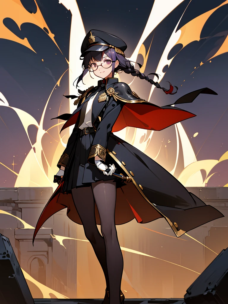 realisitic, City Deserted, Pile of rubble, Brick building, a one woman (18 years old, far away blackw hair, far away slits, Eyes red, glare eyes, 精致的面容, standing (In floor, feet shoulder-width apart), Lolita style military uniform (blackw base, Red Insert, golden decoration, volantes, wide sleeves, dainty and delicate detailing armors), blackw far away gloves (blackw, Red Insert, golden decoration, small hands, armors), blackw far away gloves, knee high boots (blackw, high-heels, red soles), ha (blackw, aba dourada, shield emblem, delicate details), arms in front, Front of belly, Holding military swords with both hands (blackw, golden decoration, delicate detail, Handle at the top, Ground-facing blade, in front of the body, far away), night sky (blackw, stele, Increased flames and smoke) Pale painting style, One Girl, super high quality, Super Detail, Super Detailed image, long hair, looking at viewer, skirt, shirt, hair ornament, violet eyes, gloves, round glasses, long sleeves, hat, closed mouth, jacket, violet hair, braid, open clothes, necktie, black gloves, black skirt, uniform, single braid, open jacket, black jacket, black headwear, 手链, Peaked cap, black necktie, cropped jacket, military hat, pantyhose, Flat Chest, smile, Black Cape
