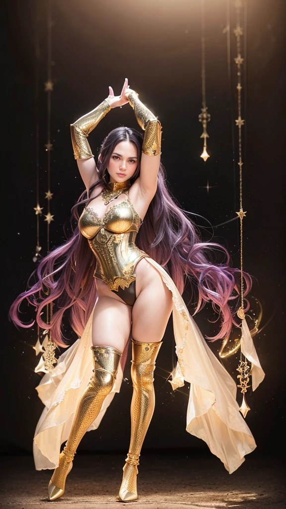 Masterpiece, best quality, 1girl, gold lace underwear, belly armor, armor corset, lace bra, extremely beautiful, fit body, full makeups, blue eyes, mecha (gold legs armor), (gold hands armor), (arms armor), garter, lace stockings, wavy hair, pink hair,extreme details, crisp picture, posing in the middle, symmetrical pose, (full body:1.3), front view, small breasts, (perfect anatomy), volumetric lights, octane rendering, cameltoe