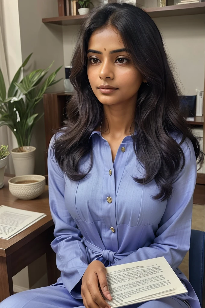 ((best quality)), ((masterpiece)), (detailed), perfect face A indian woman with long, wavy hair is seated, wearing a tailored lavender suit. She looks down thoughtfully at a stack of documents in her hands. The background features soft blue hues and blurred greenery, creating a calm atmosphere. Her expression is focused and engaged, highlighting a moment of concentration