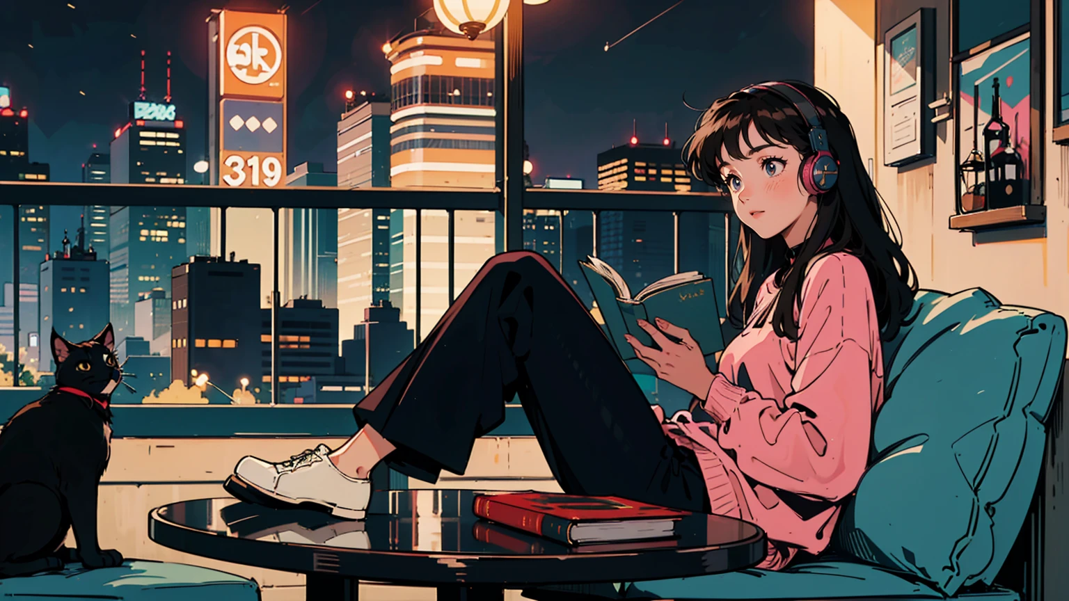 Highest quality, 8k, 1990s style,Hairstyles of the 2010s, 21 year old girl, Black Hair, Long Hair, Light brown eyes, City Pop, pants ,Night view, Wear headphones,Reading a book, whole body, Relax Coffee,table,making,look at me, 1 black cat