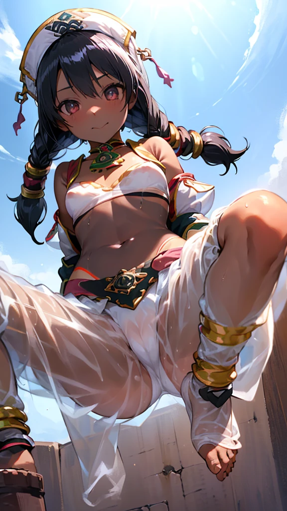 1girl, Angle from below:1.8, The girl bends forward to show off her breasts、legs apart, (Blade), (Tanned shiny black skin:1.6)、Glowing Eyes, ((Sexy evil grin)), ( girl), rainbow color hair、Twin tails、forehead、breasts, pink rips, hat, ((((arabian white clothes, see-through)), (headband), (Areola Slip), small breasts, (jewelry)))、desert, ((sahara)), ((focus crotch)), (crotch),((foot)), ((acrobatic pose)), ((girl on top)),