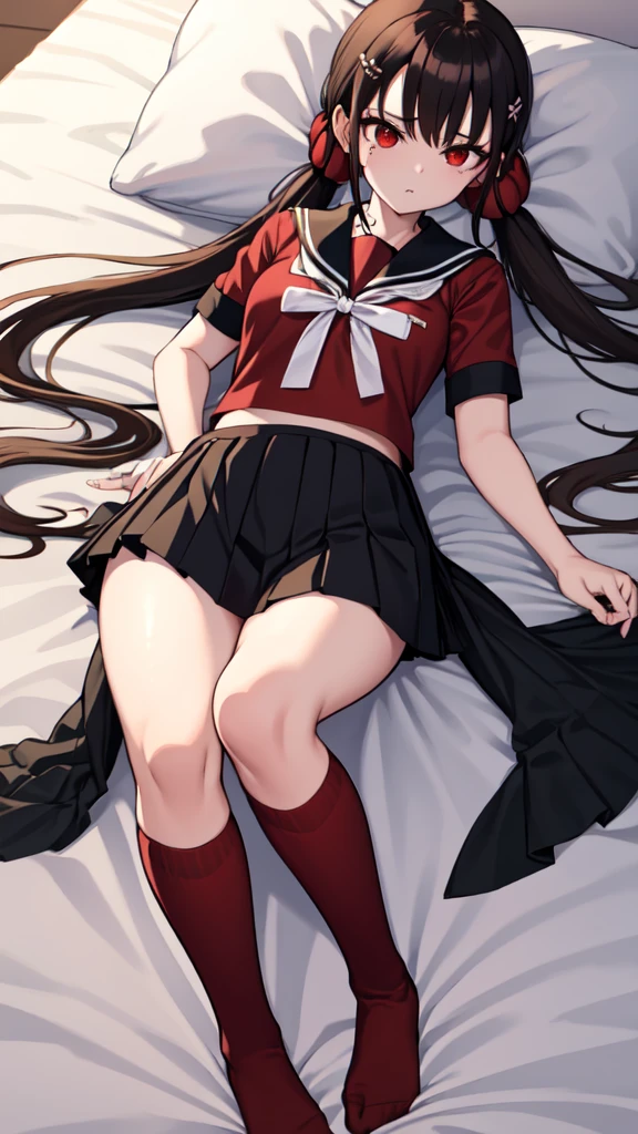 masterpiece, Highest quality, Ultra high definition, Spring Roll, Red eyes, Brown Hair, Low twin tails, Red scrunchie, Mole under the eye, Hair Clip, White ribbon, Red Seraph, Black sailor collar, Black Skirt, Pleated skirt, Rolled up my sleeves, (Red knee socks,) Sleeping on your back, bed、Accentuate your thighs、Red over-the-knee socks、Cowboy Shot、