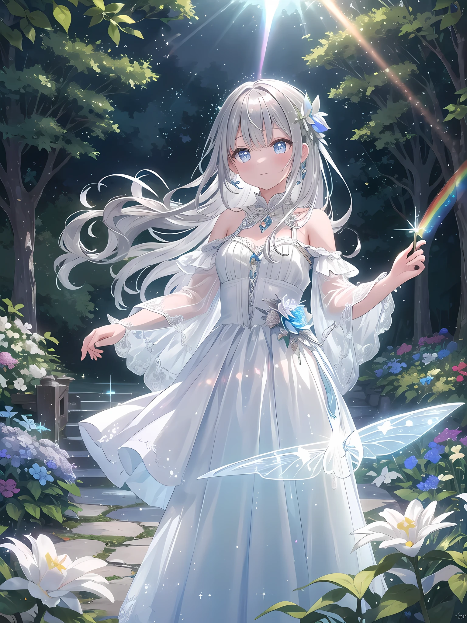 ((8k, best quality, master piece: 1.3)),super high resolution,(1 girl, solo), (colorshift eyes, hyperdetailed, expressive sparkling, glitter, glowing eyes), ultra detailed eyes, ultra-detailed face, random hair, ((silver gray color)), A silver-haired woman playing with a fairy in a magical garden is wearing a sheer chiffon dress embroidered with a floral pattern. The background is a fantastical landscape of colorful flowers and floating fairies, with light particles dancing. She holds a small fairy in her hand and her silver ring shines. Magical light emanates from her hand, softly illuminating the entire garden. Her long wavy silver hair sways in the wind, and her translucent skin is beautiful. Her eyes are bright blue, and her magical powers are embedded in them as she gazes gently at the fairy. She is depicted as merging with the light of the garden as she joyfully plays with the fairy, creating a dreamy atmosphere.A dazzling scene with crystal light reflections creating a prismatic effect. A stunning scene with a vibrant rainbow lens flare effect. The light source is positioned behind the main subject, creating a spectrum of colors that spread across the image. The light reflects off various surfaces, adding a magical and dreamy quality to the scene. The background is slightly blurred to emphasize the glowing and shimmering effect of the lens flare.