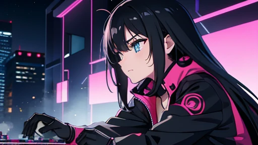 Anime style, super detailed illustration, high definition, dynamic angles, beautiful details, 8K, summer night BREAK In a cyberpunk world of glowing neon lights and futuristic buildings, two BREAKs are playing chess: one is a man with a serious expression and a hint of sweat on his face. The other is a female android with a cool demeanor.masterpiece,best quality,super detailed,perfect face,perfect hands,Break army black jacket,