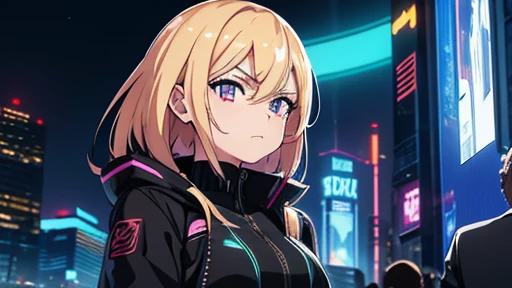 Anime style, super detailed illustration, high definition, dynamic angles, beautiful details, 8K, summer night BREAK In a cyberpunk world of glowing neon lights and futuristic buildings, two BREAKs are playing chess: one is a man with a serious expression and a hint of sweat on his face. The other is a female android with a cool demeanor.masterpiece,best quality,super detailed,perfect face,perfect hands,Break army black jacket,