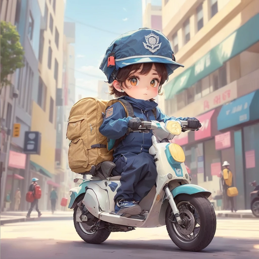 Please help me remake this picture and change the hat and clothes to，Backpack changed to blue