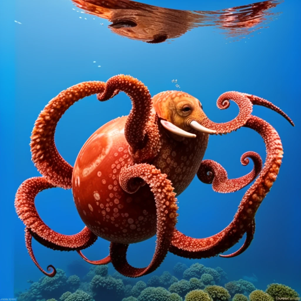 there is a Polvo that is swimming in the water, an elephant Polvo chimera, Polvo, super nova Polvo, Polvo wrestling with a sphere, giant Polvo, Polvo tentacles, cefalópodes, anthropomorphic Polvo, Polvo silhouette at depth, robotic Polvo, Polvo face, half Polvo, lula borboleta, an Polvo'garden, Polvo cat