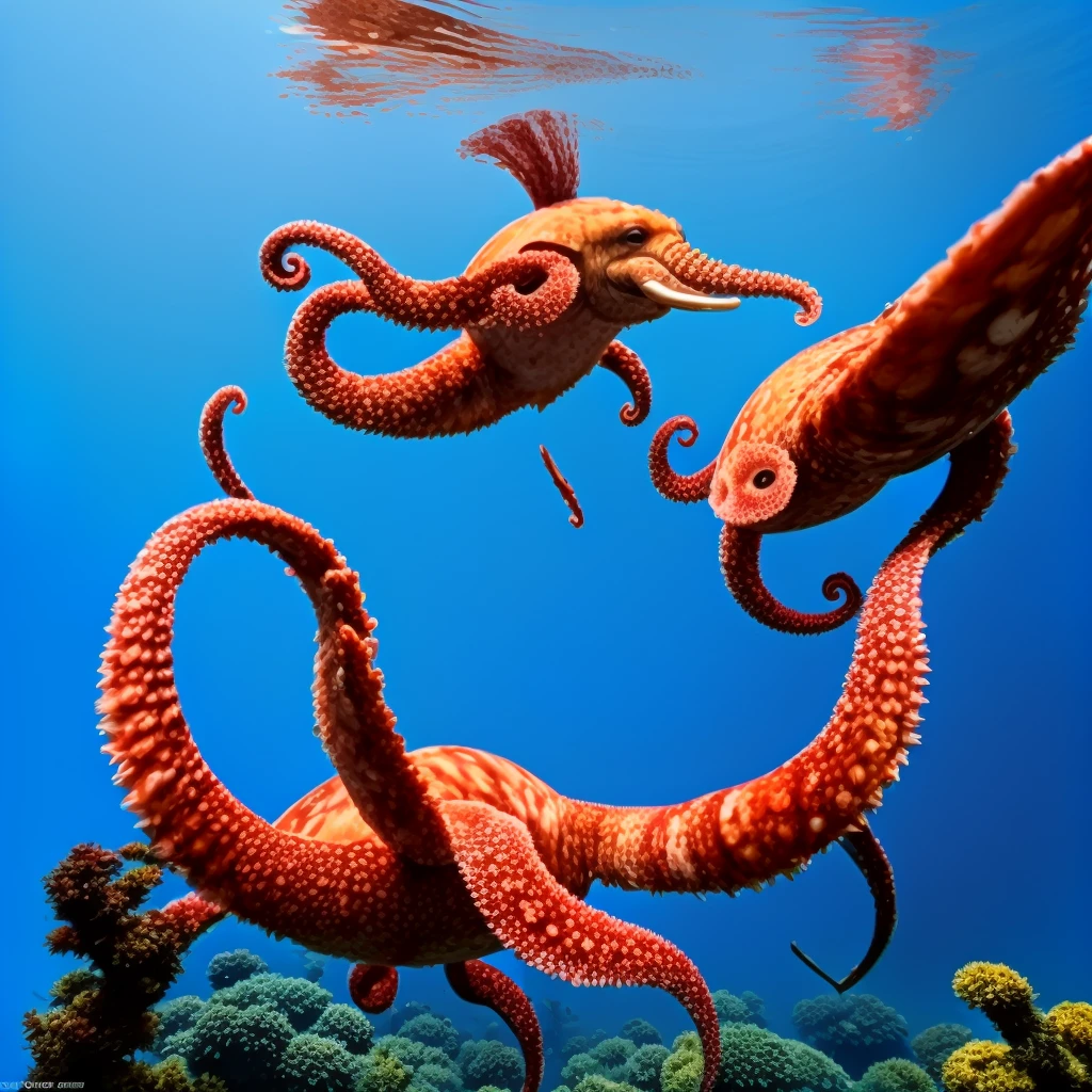Three naked girls run out of the water on a beach where a giant octopus chases them trying to catch them.