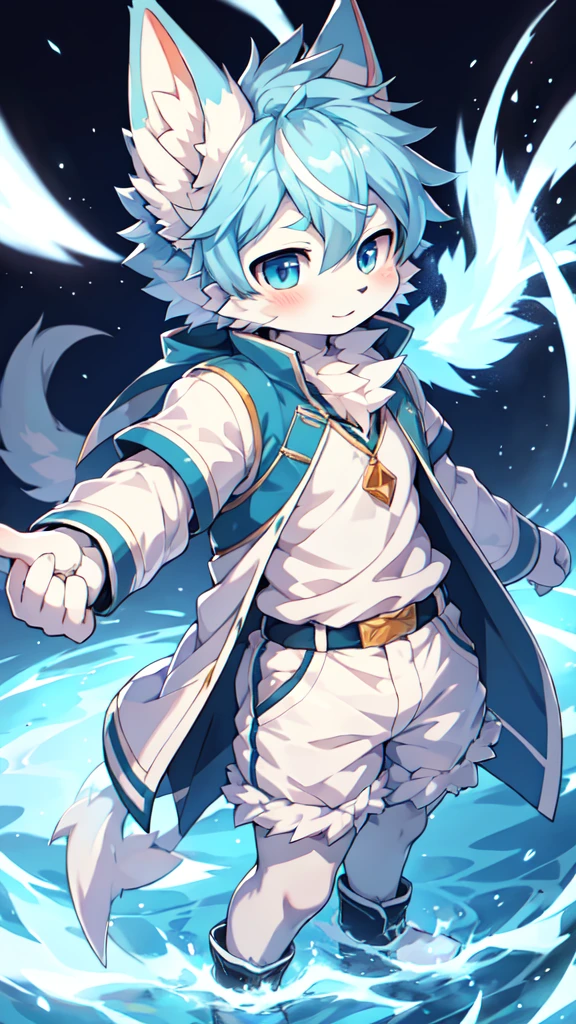 Blue hair，White hair，Blue dragon tail，The end of the tail has white fuzz，hairy，God of Art Super Top Quality, Super detailed, High resolution, Anime cute art style, The best anime, 8k, Kona sauce wallpaper, Pixiv Contest Winners, Perfect anatomical structure, , (Energetic teenager, 13 years old:1.3), High resolution详细的头发，Iris and pupil are well proportioned，Blue pupils，Blue ears，Single，Light blue coat，White shorts，White boots，grassland