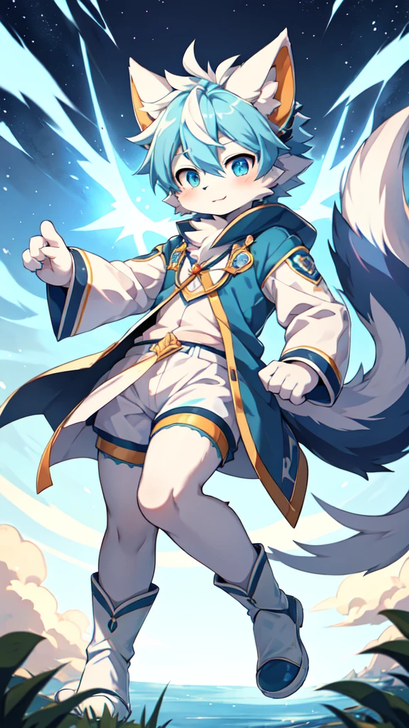 Blue hair,White hair,Blue dragon tail,The end of the tail has white fuzz,hairy,God of Art Super Top Quality, Super detailed, High resolution, Anime cute art style, The best anime, 8k, Kona sauce wallpaper, Pixiv Contest Winners, Perfect anatomical structure, , (Energetic ager, 13 y), High resolution详细的头发,Iris and pupil are well proportioned,Blue pupils,Blue ears,Single,Light blue coat,White shorts,White boots,grassland