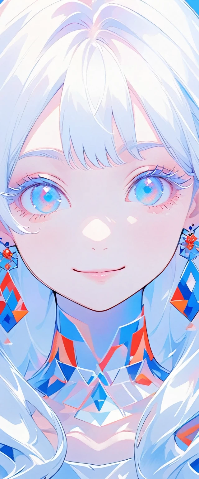 minimalist,fashion girl,white hair,blue background,Wearing special earrings,Bohemian style,Defined eyelashes,Full bright blue eyes,Clean and transparent eyes,close up,Portrait facing camera,Smile flat illustration,Geometry,clean,japanese manga