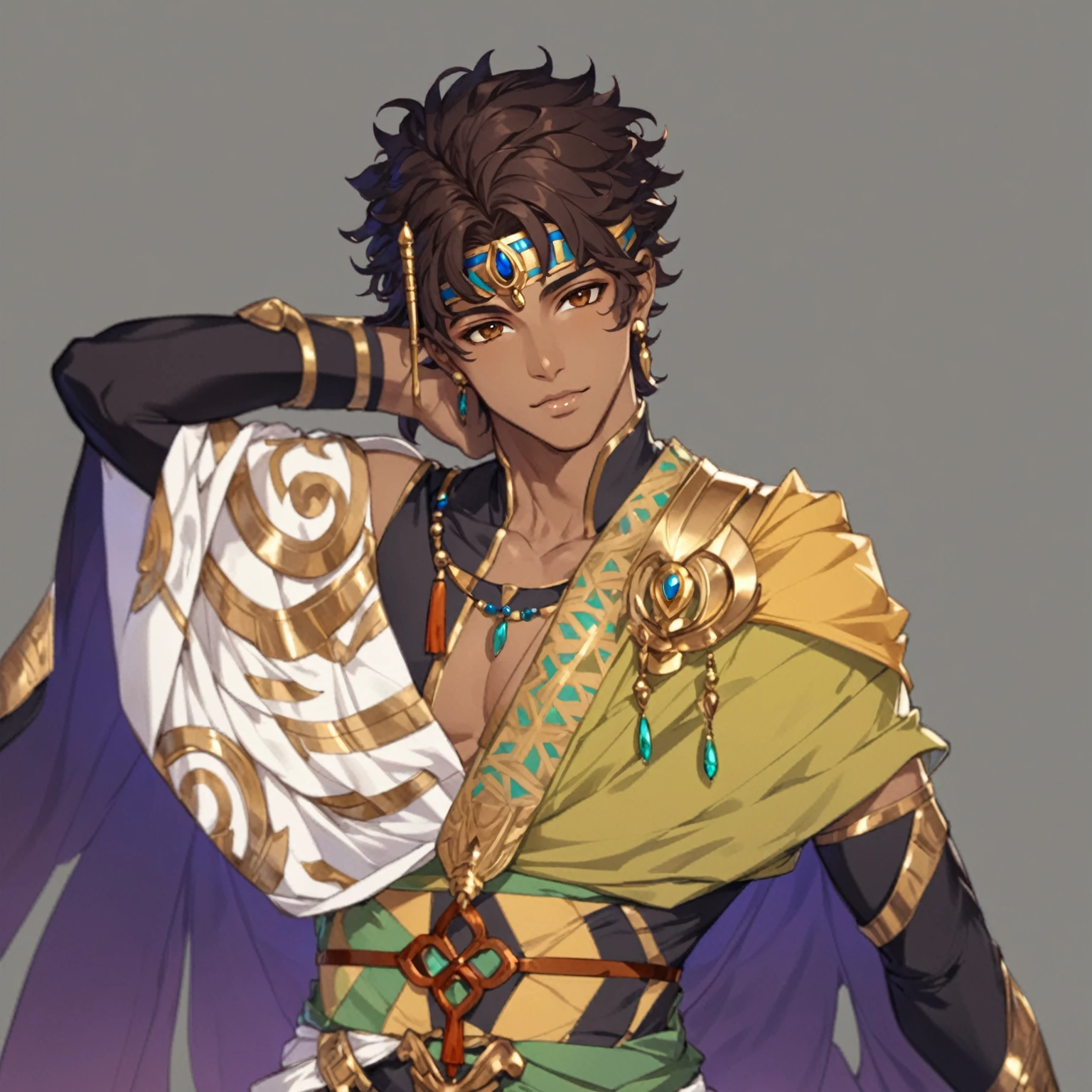 masterpiece, best quality, good quality, Fantasy Aesthetic, Highly detailed, shadowverse style, male, brown skin, egyptian aesthetic, brown eyes
