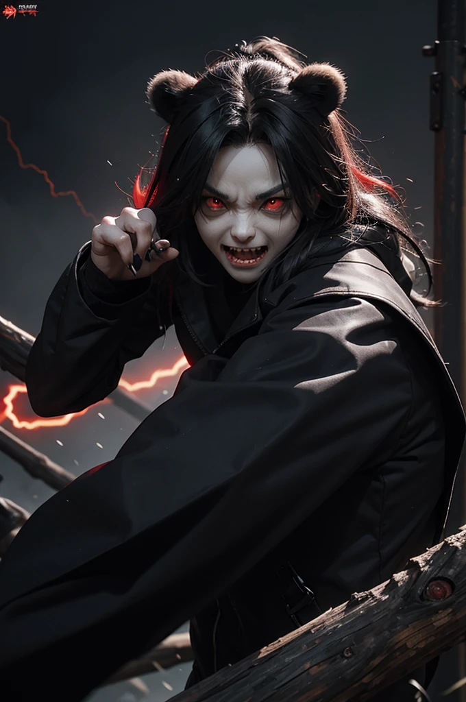 dark panda , muscled body, angry, Sharp teeth and claws, red eyes coming out lightning, dark aspects, grim reaper, high qualiy, horror details