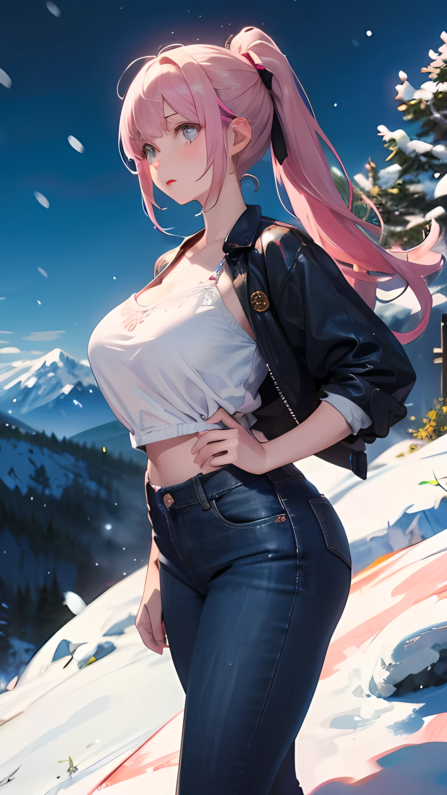 illustration：Ultra-delicate，White skin，Large Breasts，Black jeans1:5，Light pink lace underwear1:5，Snow mountain in the background，Positive 1:5，Pink long hair，Low-cut，Bend over 1:5，Single ponytail，White skin