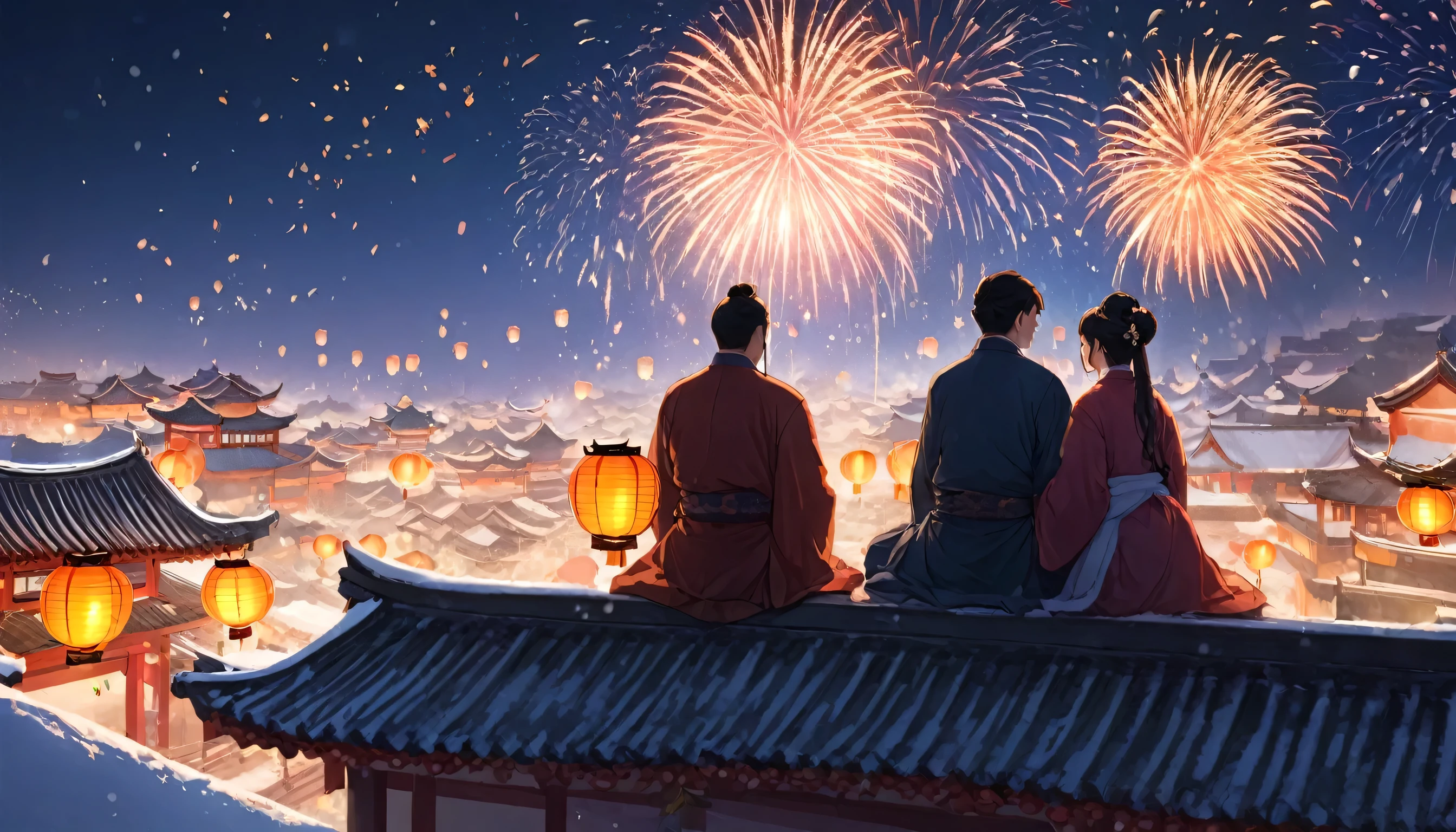 Ancient china city, lantern festival night, firework in the sky, roofs looming in snow, snow falling, one man and one woman wearing Hanfu sitting on the roof watching fireworks