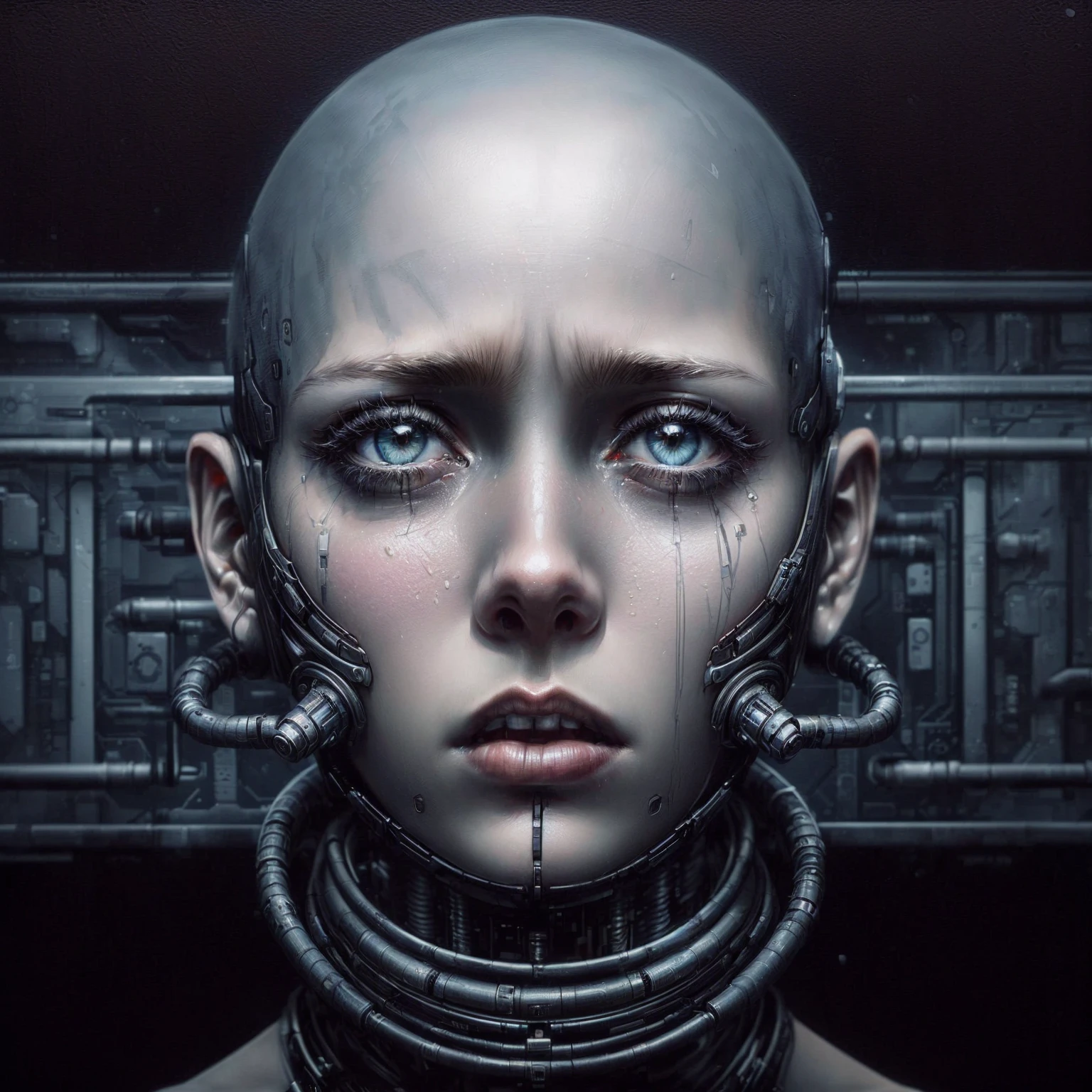 painting of a woman with a bald head and metal tubes attached to her face and neck, (sad expression, tears, symmetical), detailed portrait of a cyborg, portrait of a cyborg, cyborg - girl, portrait of an android, crying cyborg woman, cyborg portrait, intricate transhuman, portrait of a cyberpunk machine, portrait of a female android, robot portrait, portrait of a robot, cyborg woman