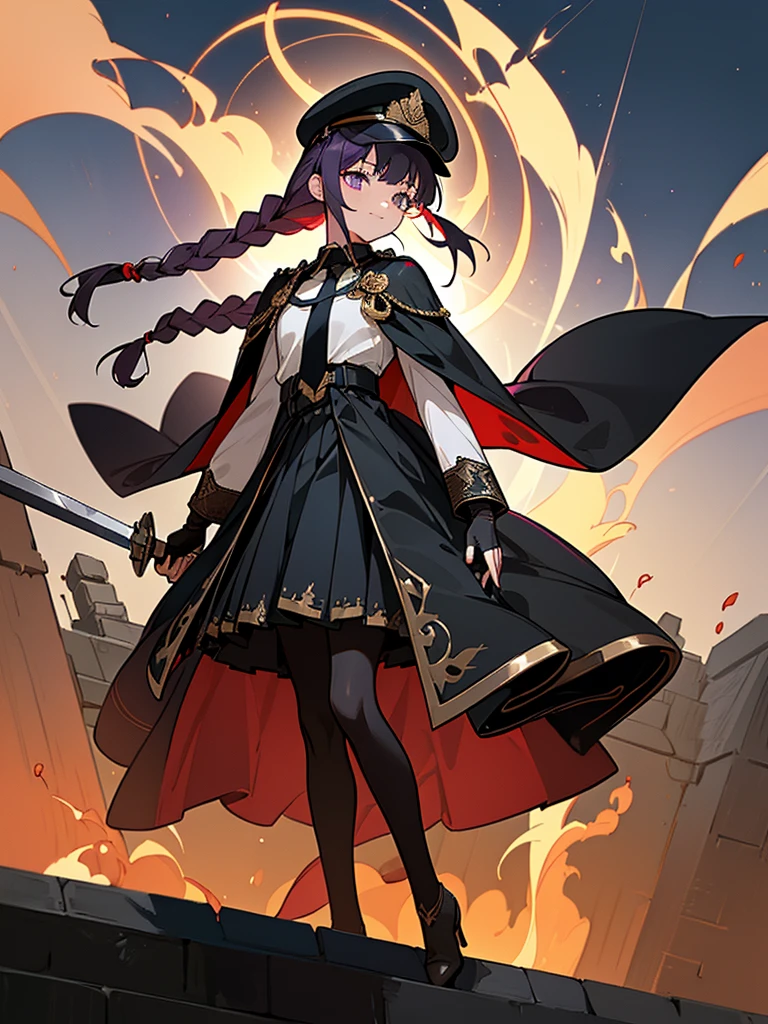 realisitic, City Deserted, Pile of rubble, Brick building, a one woman (18 years old, far away blackw hair, far away slits, Eyes red, glare eyes, 精致的面容, standing (In floor, feet shoulder-width apart), Lolita style military uniform (blackw base, Red Insert, golden decoration, volantes, wide sleeves, dainty and delicate detailing armors), blackw far away gloves (blackw, Red Insert, golden decoration, small hands, armors), blackw far away gloves, knee high boots (blackw, high-heels, red soles), ha (blackw, aba dourada, shield emblem, delicate details), arms in front, Front of belly, Holding military swords with both hands (blackw, golden decoration, delicate detail, Handle at the top, Ground-facing blade, in front of the body, far away), night sky (blackw, stele, Increased flames and smoke) Pale painting style, One Girl, super high quality, Super Detail, Super Detailed image, long hair, looking at viewer, skirt, shirt, hair ornament, violet eyes, gloves, round glasses, long sleeves, hat, closed mouth, jacket, violet hair, braid, open clothes, necktie, black gloves, black skirt, uniform, single braid, open jacket, black jacket, black headwear, 手链, Peaked cap, black necktie, cropped jacket, military hat, pantyhose, Flat Chest, smile, Black Cape
