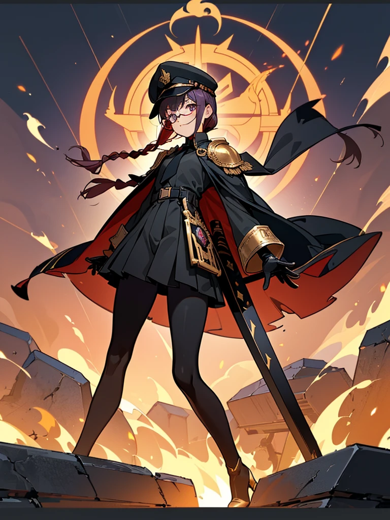 realisitic, City Deserted, Pile of rubble, Brick building, a one woman (18 years old, far away blackw hair, far away slits, Eyes red, glare eyes, 精致的面容, standing (In floor, feet shoulder-width apart), ta style military uniform (blackw base, Red Insert, golden decoration, volantes, wide sleeves, dainty and delicate detailing armors), blackw far away gloves (blackw, Red Insert, golden decoration, small hands, armors), blackw far away gloves, knee high boots (blackw, high-heels, red soles), ha (blackw, aba dourada, shield emblem, delicate details), arms in front, Front of belly, Holding military swords with both hands (blackw, golden decoration, delicate detail, Handle at the top, Ground-facing blade, in front of the body, far away), night sky (blackw, stele, Increased flames and smoke) Pale painting style, One Girl, super high quality, Super Detail, Super Detailed image, long hair, looking at viewer, skirt, shirt, hair ornament, violet eyes, gloves, round glasses, long sleeves, hat, closed mouth, jacket, violet hair, braid, open clothes, necktie, black gloves, black skirt, uniform, single braid, open jacket, black jacket, black headwear, 手链, Peaked cap, black necktie, cropped jacket, military hat, pantyhose, Flat Chest, smile, Black Cape