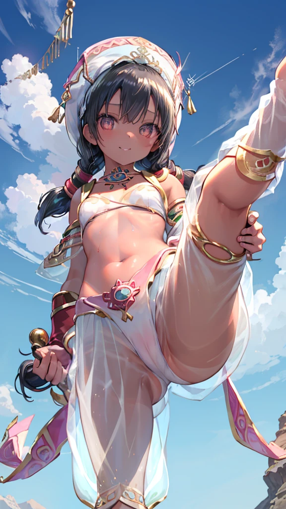 1girl, Angle from below:1.8, The girl bends forward to show off her breasts、legs apart, (Blade), (Tanned shiny black skin:1.6)、Glowing Eyes, ((Sexy evil grin)), ( girl), rainbow color hair、Twin tails、forehead、breasts, pink rips, hat, ((((arabian white clothes, see-through)), (headband), (Areola Slip), small breasts, (jewelry)))、desert, ((sahara)), ((focus crotch)), (crotch),((foot)), ((acrobatic pose)), ((girl on top)),