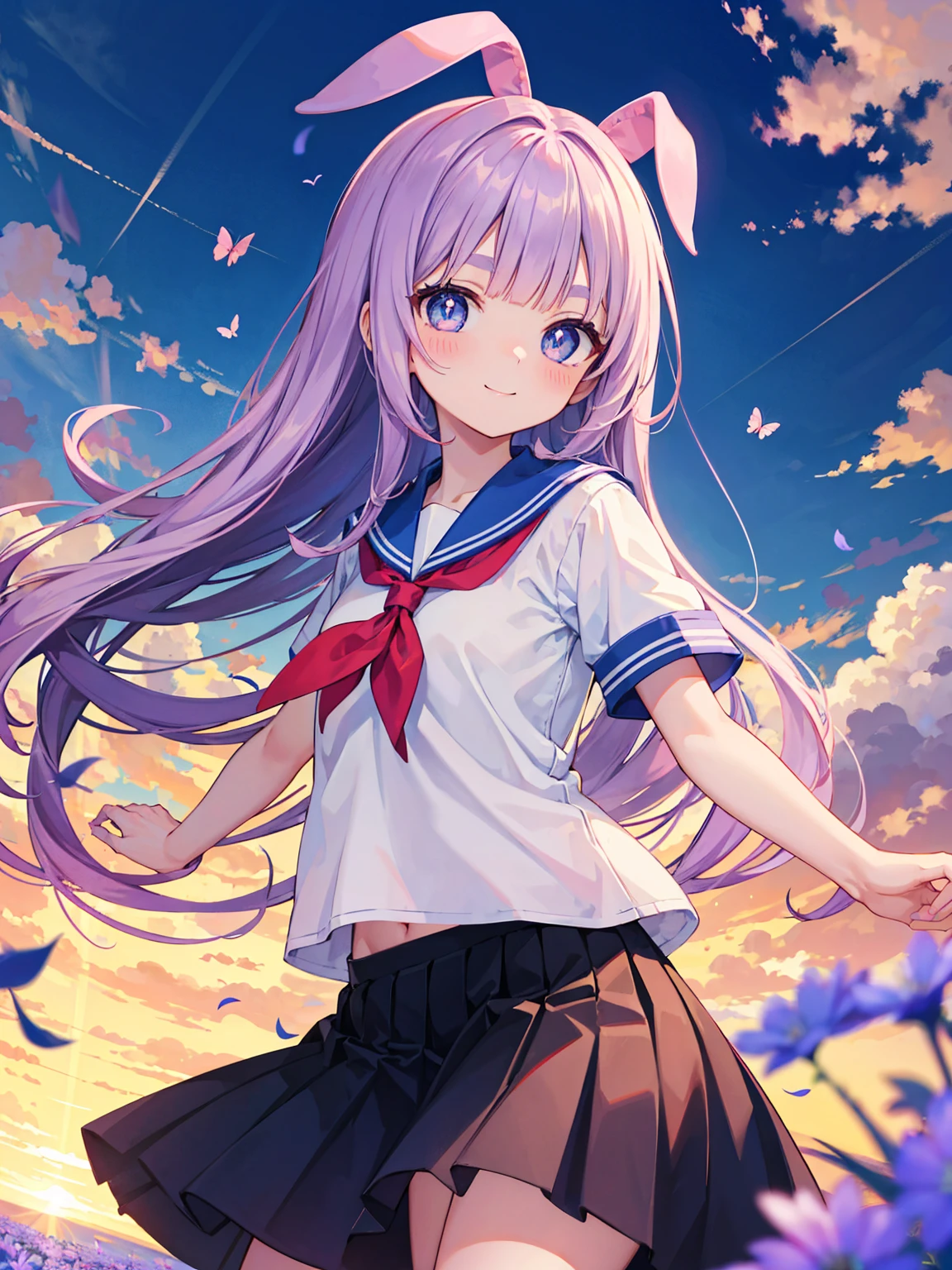 (( best quality, masterpiece, 4k, 8k, 16k, absurdrity,)), Ultra-Wide Angle, anime style, ray tracing, BREAK 1girl, smile, blunt bangs, drooping eyebrows, detailed eyes:1.1, meadow, flying flowers, smile, heart-shaped pupils, white serafuku, blue sailor collar, red neckerchief, long white shirt, hemline trim, flowing pleated skirt, lace-trimmed skirt, BREAK looking_at_viewer, (cross arms:1.2), blush, BREAK (facing shot:1.2), ultrahires, sunrise backlighting, cloudy, purple and blue gradient sky, butterflies, award winning, vibrant colors, flowers flying, bloom
