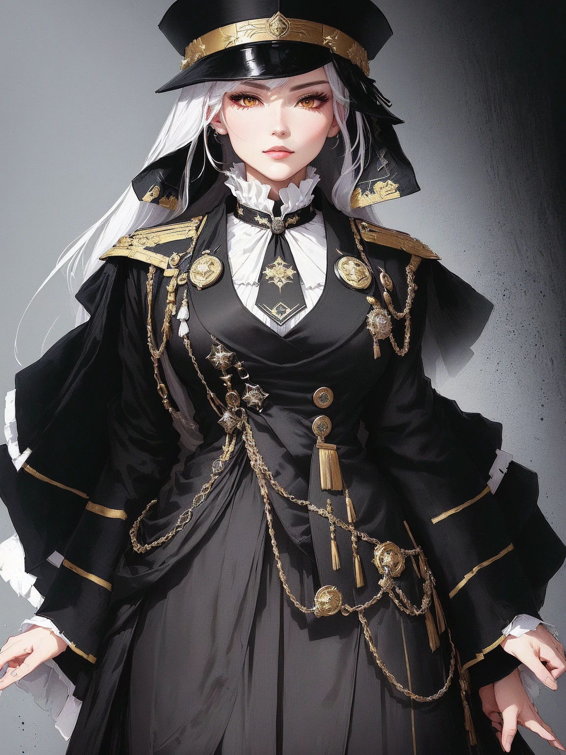 there is a picture of a woman in a costume on a screen, girls frontline style, from girls frontline, very detailed and rich clothing, ((wearing aristocrat robe)), !!full body portrait!!, highly detailed full body, royal attire akira, full body adoptable, full body xianxia, inspired by Li Chevalier, beautiful androgynous prince, a millitary general with black and white hair, a red and green clockwork eyes. She has a millitary designed outfit with a military suit and a tie, military badges, and a military hat