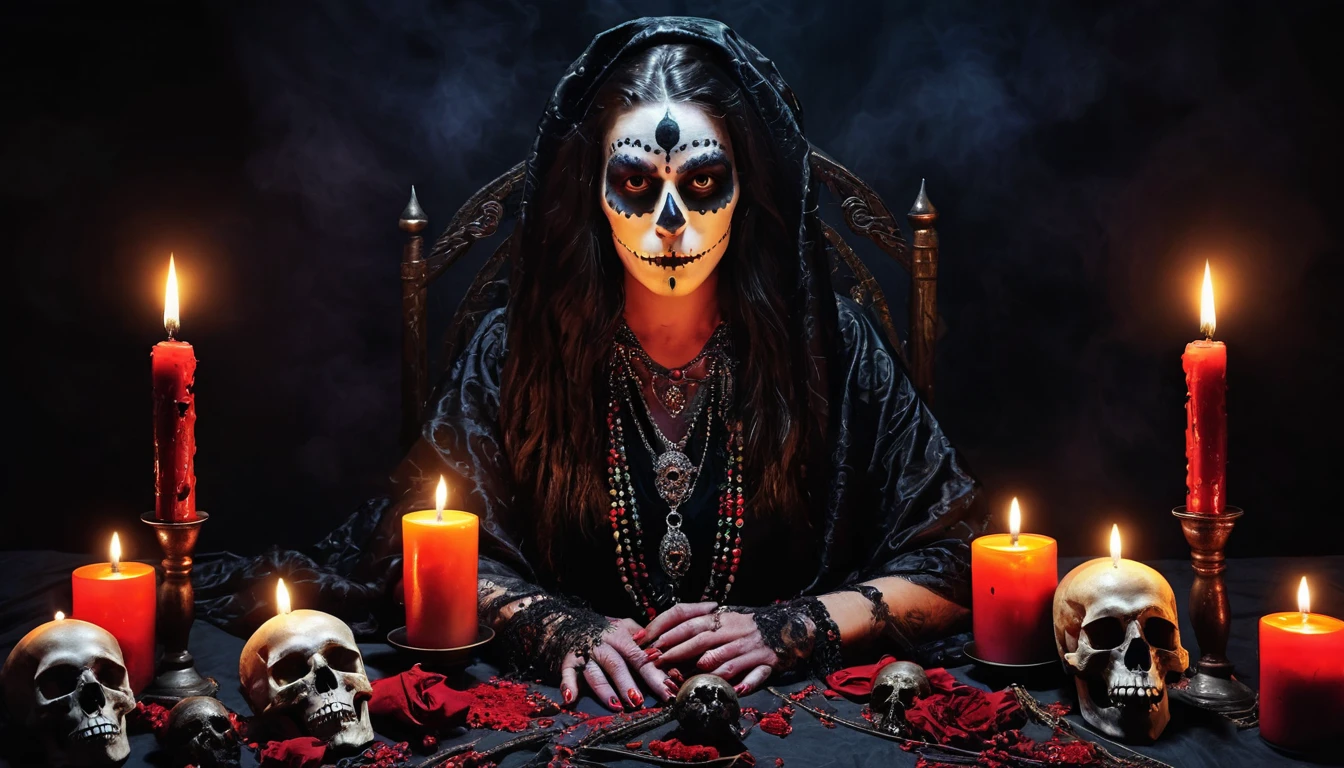 Transvestite man witchcraft ritual, candles, skulls, voodoo, blood ultra realistic image